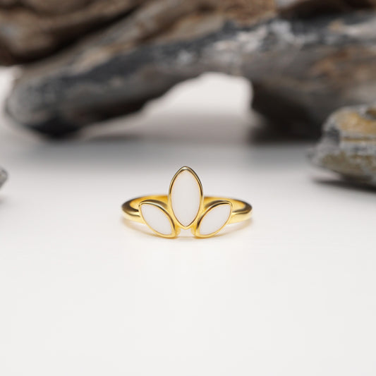 Petal Keepsake Ring in gold plating with three-petal design and custom semen inlays, a bold and elegant sterling silver jewellery piece.
