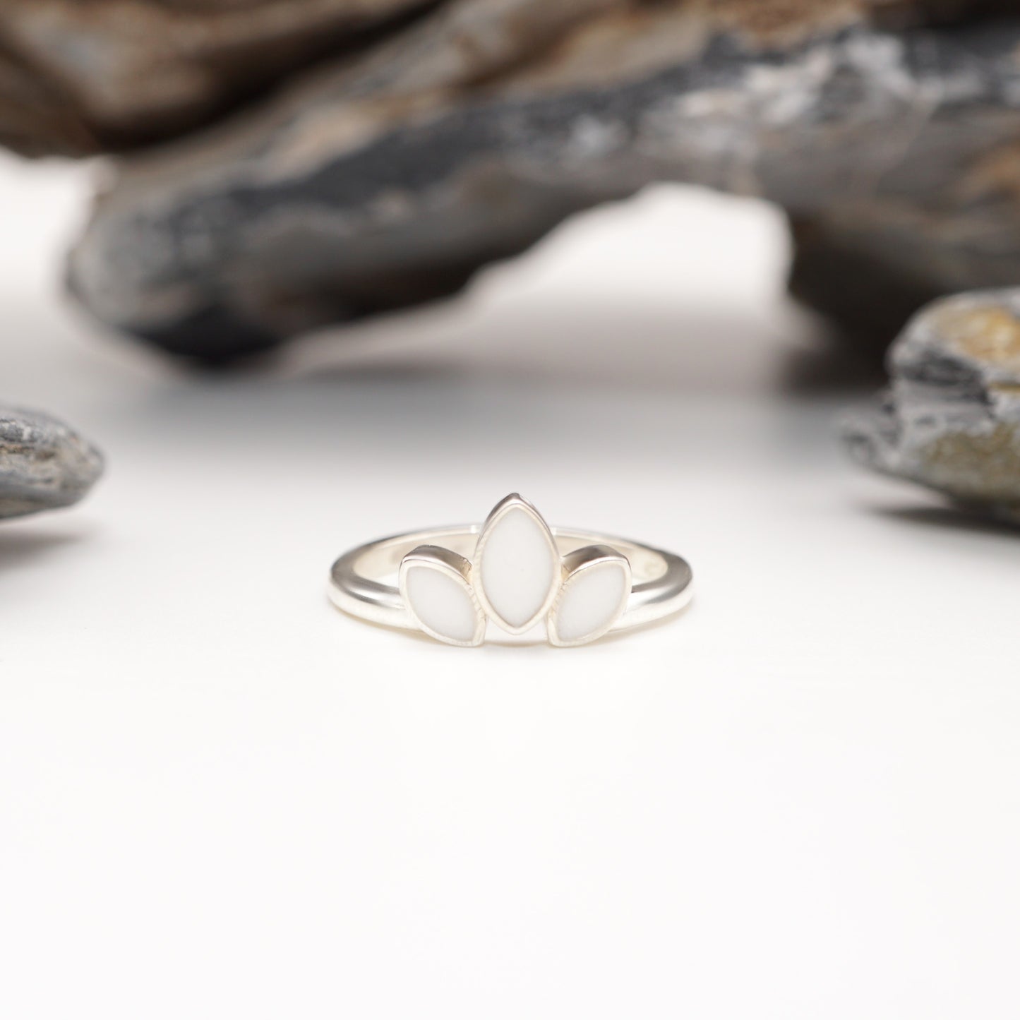 Petal Keepsake Ring in sterling silver with polished finish and delicate three-petal design featuring custom semen inlays.