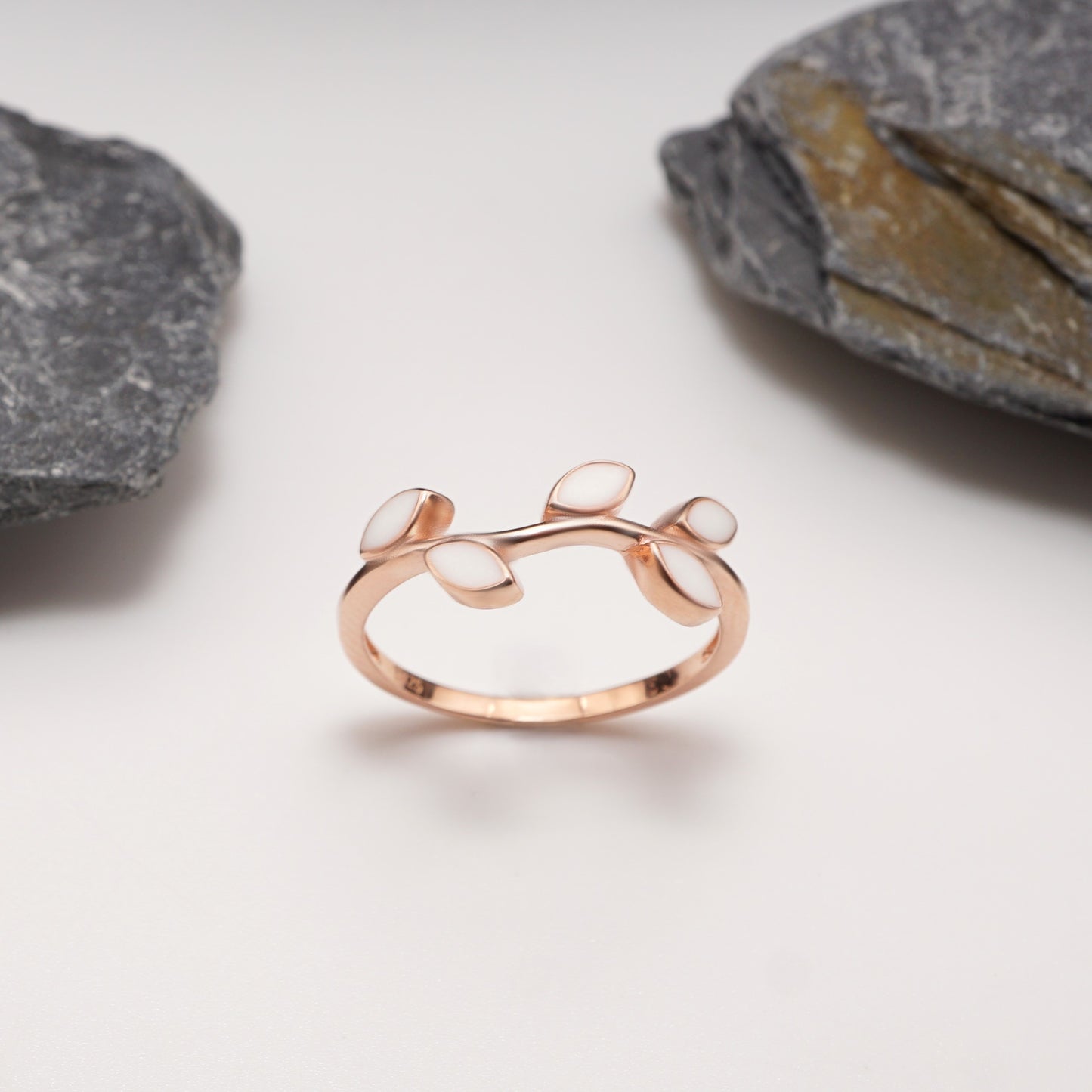 Leaf Keepsake Ring in rose gold plating with branch-inspired design and custom semen inlays, a delicate and unique sterling silver jewellery piece.