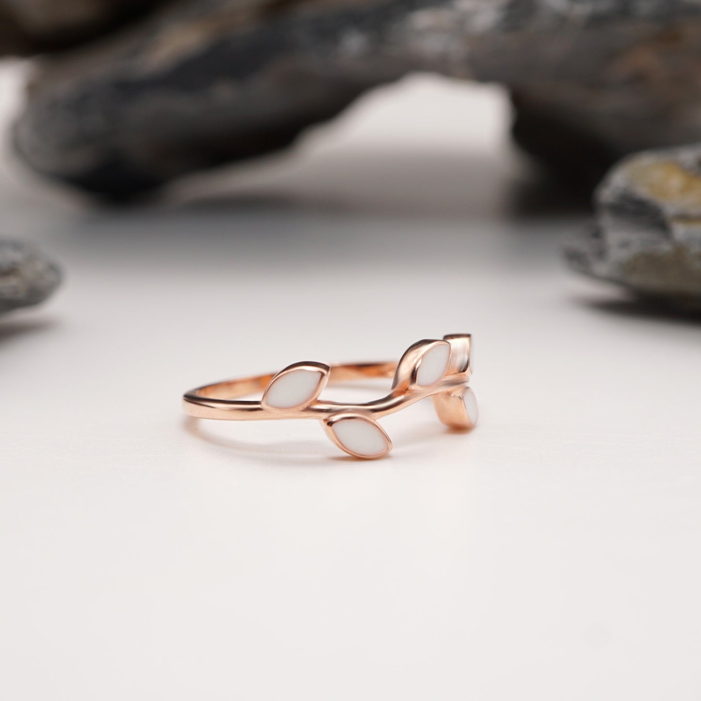 Side view of Leaf Keepsake Ring in gold plating, highlighting its natural branch-inspired band and custom leaf-shaped inlays.