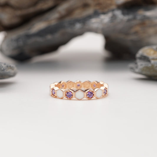 Hexa Keepsake Ring in rose gold plating with hexagonal design, featuring alternating white inlays and purple gemstones, a personalised sterling silver semen jewellery piece