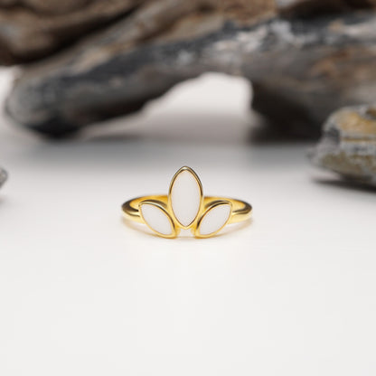 Petal Keepsake Ring in gold plating with three-petal design and custom semen inlays, a bold and elegant sterling silver jewellery piece.
