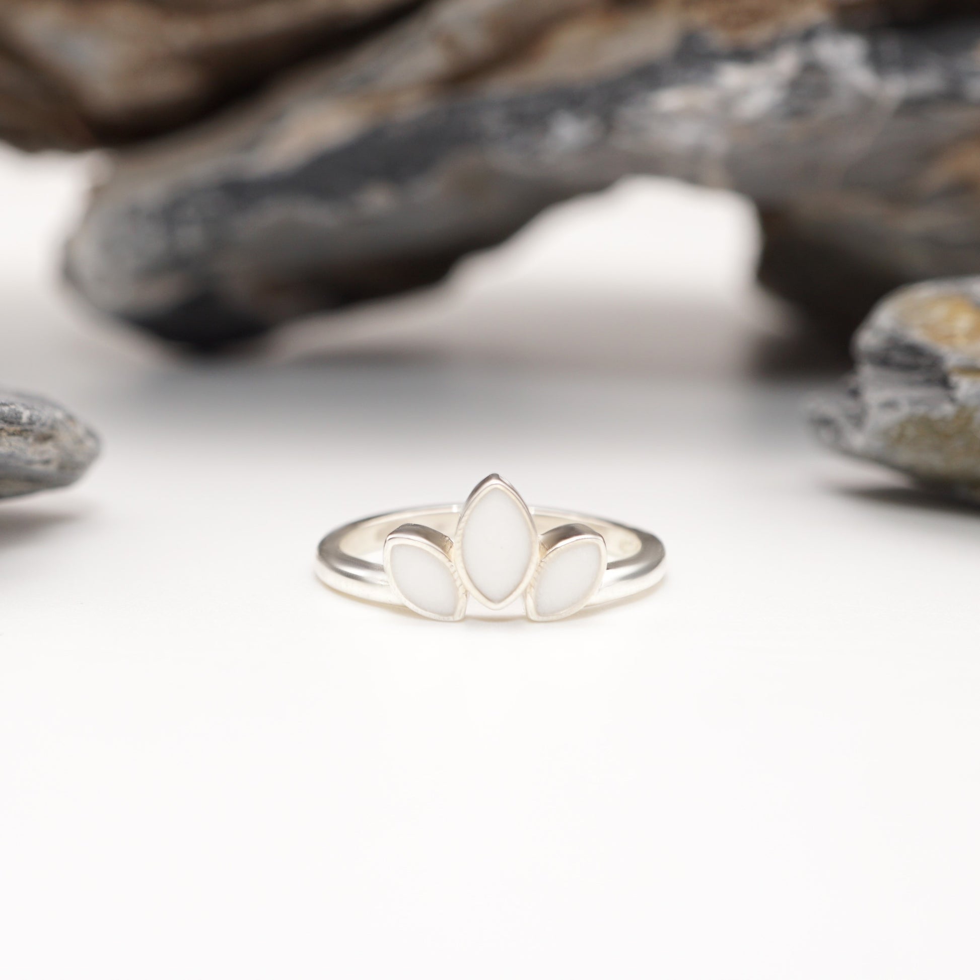 Petal Keepsake Ring in sterling silver with polished finish and delicate three-petal design featuring custom semen inlays.